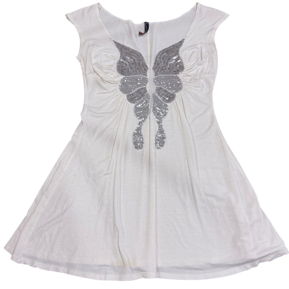 White Viscose Mini Dress/Tunic Sequin Butterfly Y2K Whimsigoth Fairy Core Sz M
